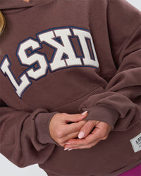 Woman wearing Varsity Boxy Hoodie - Cocoa Powder-Off White | Model:Issy | Size:XS | Thumbnail Index: 14