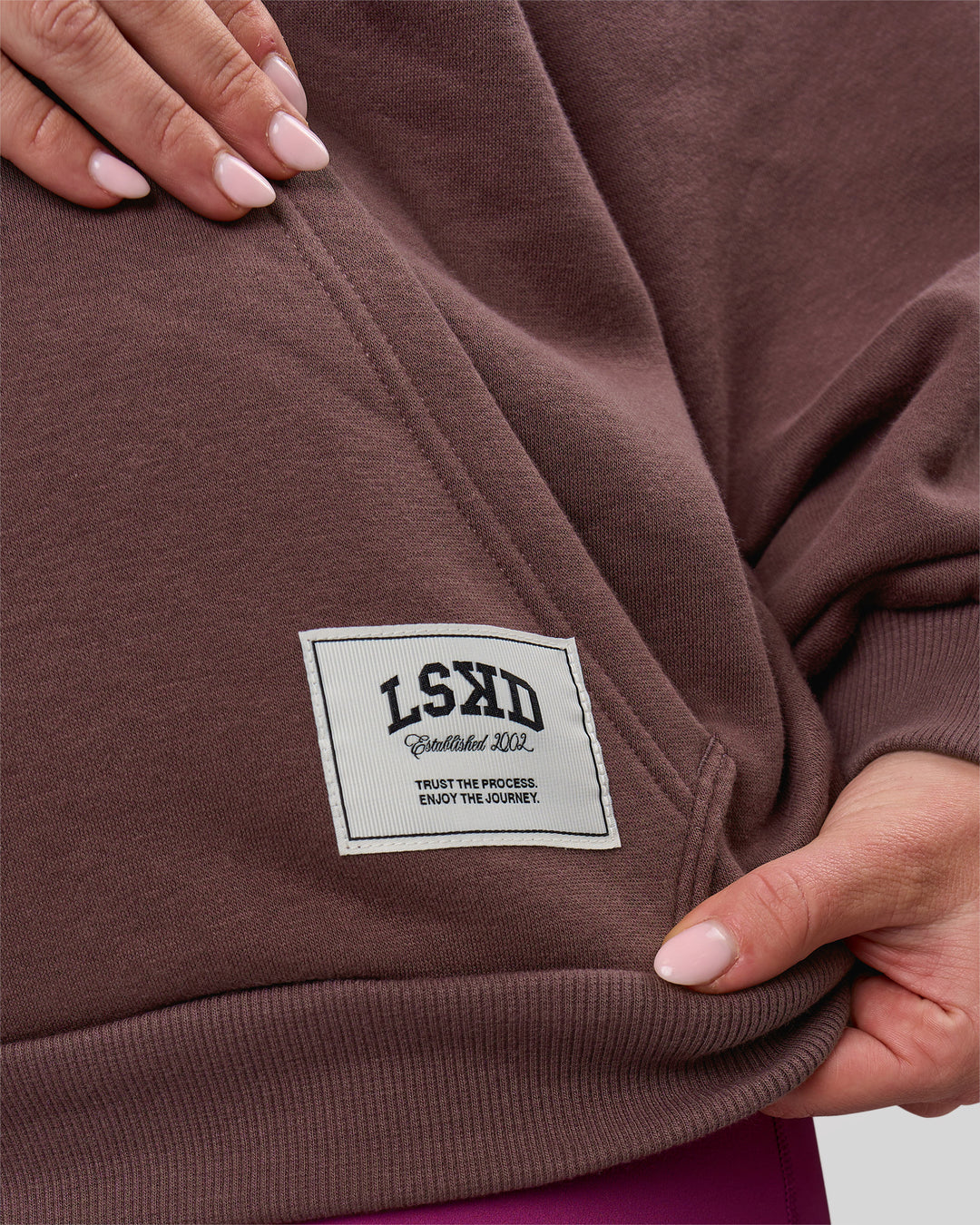 Woman wearing Varsity Boxy Hoodie - Cocoa Powder-Off White | Model:Issy | Size:XS - view 18
