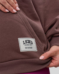 Woman wearing Varsity Boxy Hoodie - Cocoa Powder-Off White | Model:Issy | Size:XS | Thumbnail Index: 17