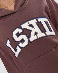 Woman wearing Varsity Boxy Hoodie - Cocoa Powder-Off White | Model:Issy | Size:XS | Thumbnail Index: 18
