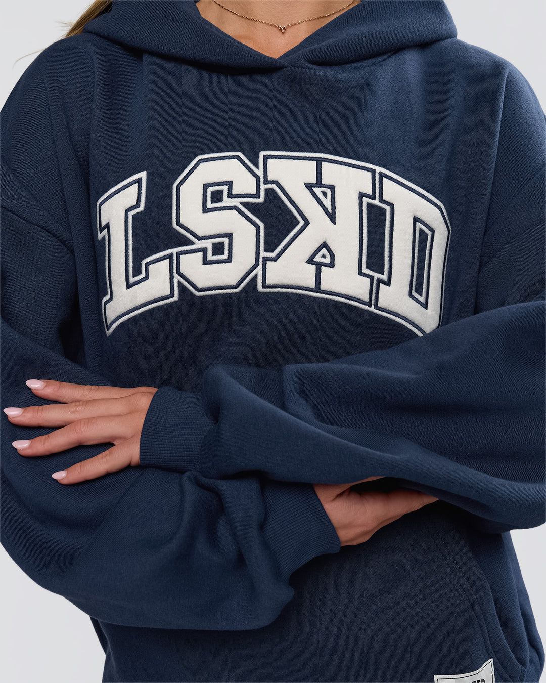Woman wearing Varsity Boxy Hoodie - Future Navy-White | Model:Issy | Size:XS - view 19