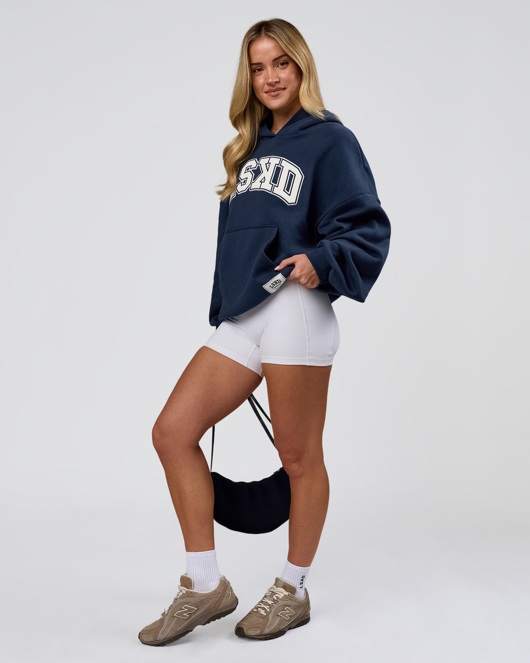 Woman wearing Varsity Boxy Hoodie - Future Navy-White | Model:Issy | Size:XS - view 18