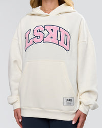 Woman wearing Varsity Boxy Hoodie - Off White-Pink Rose | Model:Issy | Size:XS | Thumbnail Index: 18