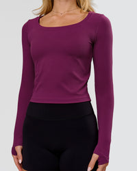 Woman wearing Horizon Long Sleeve Tee - Plum Caspia | Model:Issy | Size:XS | Thumbnail Index: 3