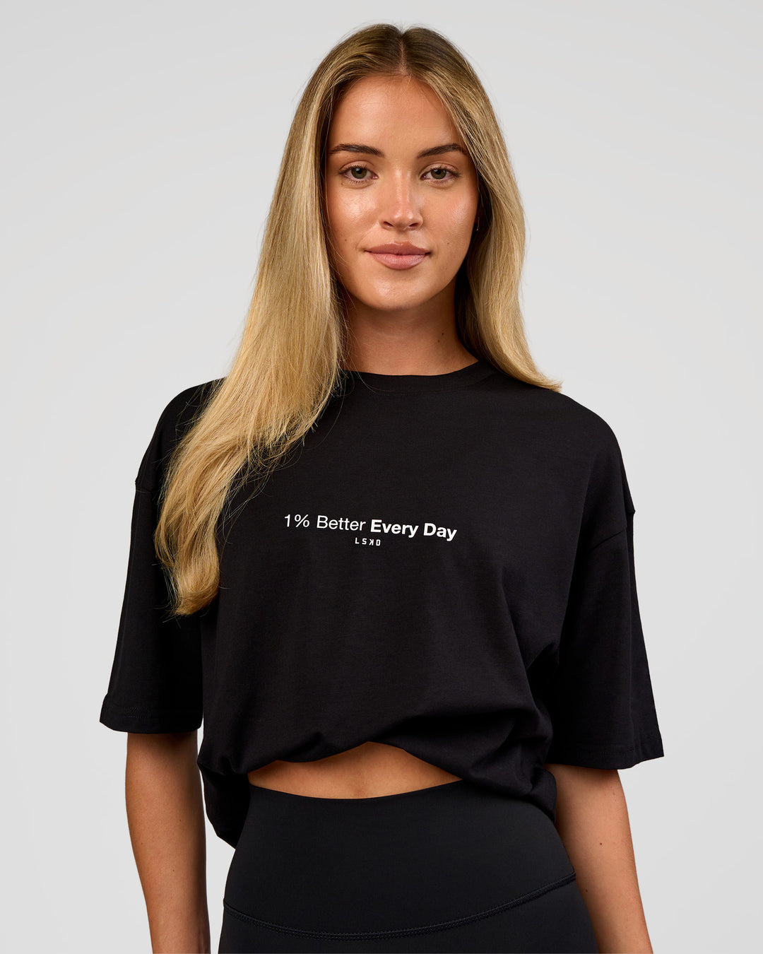 Woman wearing VS6 1% Better FLXCotton Oversize Tee - Black | Model:Issy | Size:XS - view 8