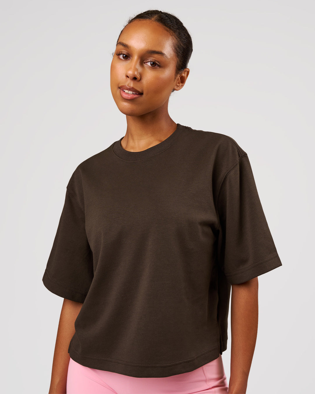 Woman wearing AfterDark ZeroCrease Cropped Tee - Ground Coffee | Model:Jordan | Size:XS - view 1