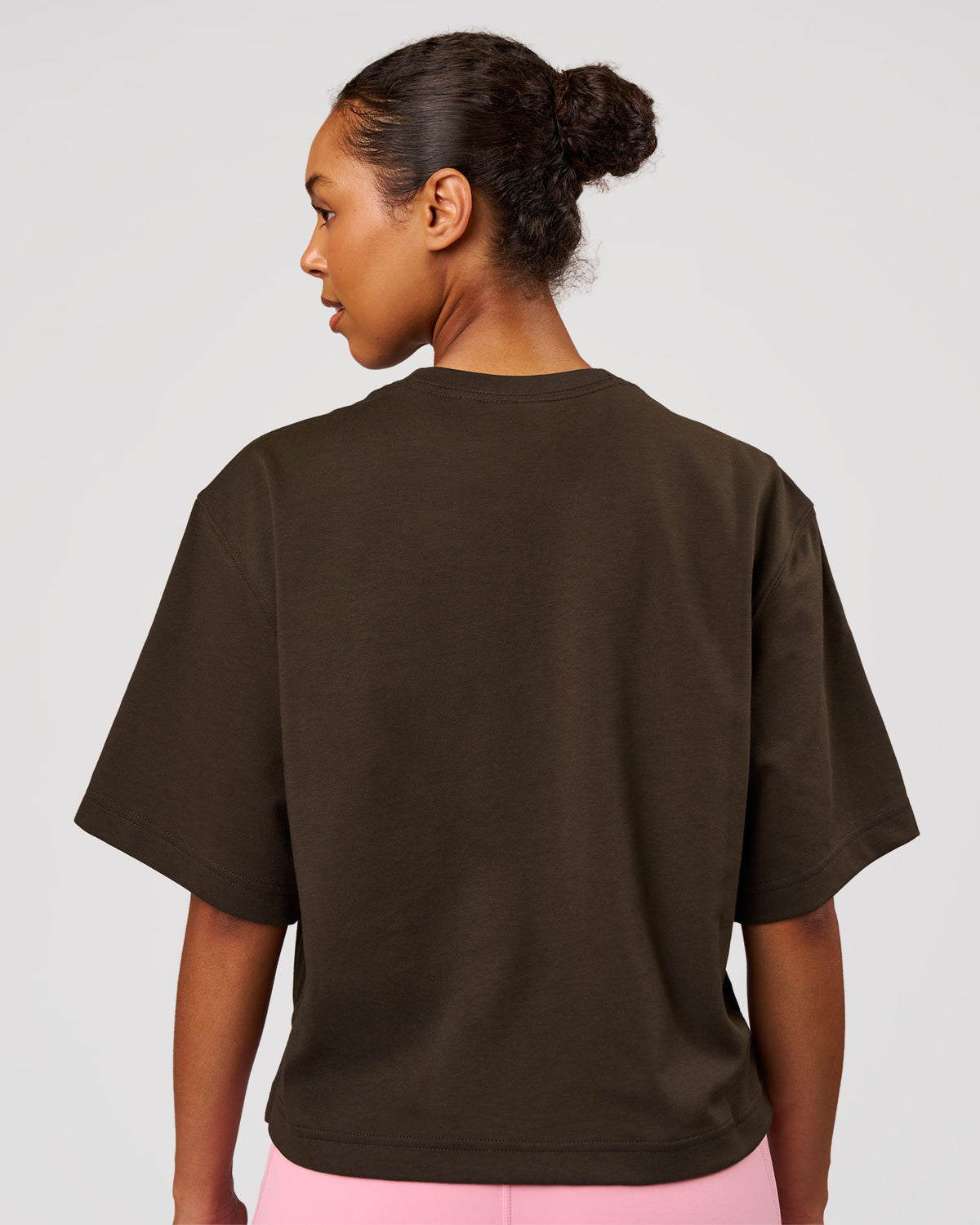 Woman wearing AfterDark ZeroCrease Cropped Tee - Ground Coffee | Model:Jordan | Size:XS