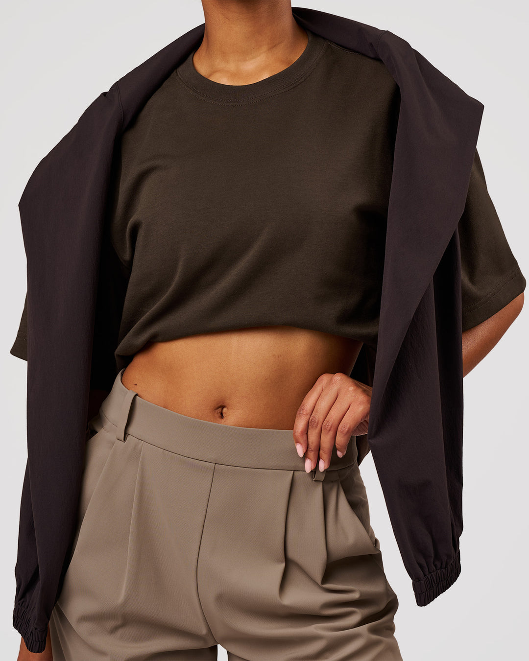 Woman wearing AfterDark ZeroCrease Cropped Tee - Ground Coffee | Model:Jordan | Size:XS - view 4