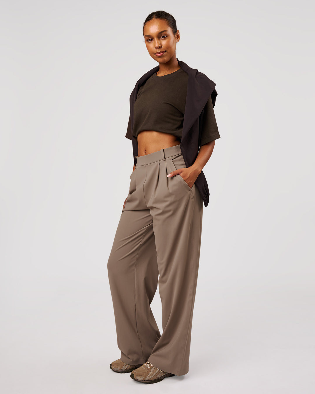 Woman wearing AfterDark ZeroCrease Cropped Tee - Ground Coffee | Model:Jordan | Size:XS - view 6