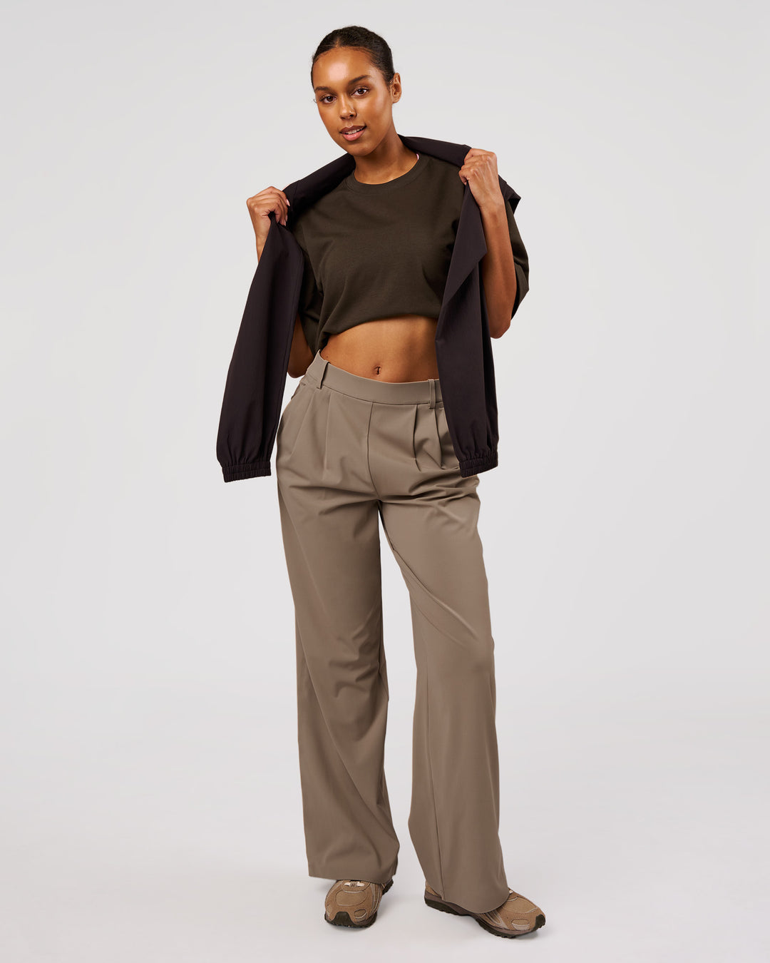 Woman wearing AfterDark ZeroCrease Cropped Tee - Ground Coffee | Model:Jordan | Size:XS - view 8