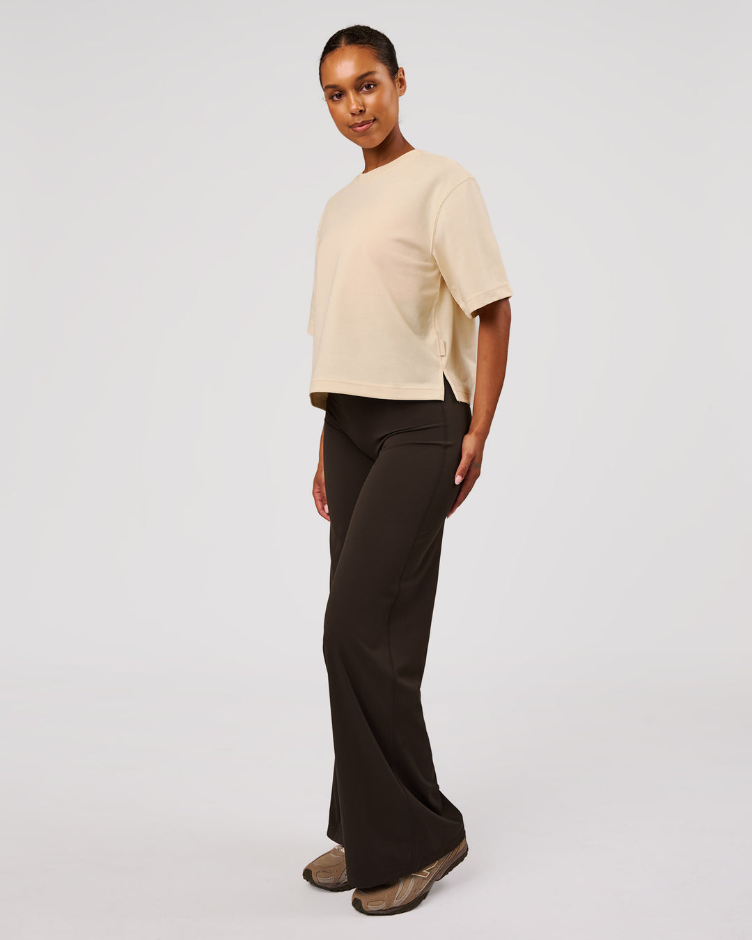 Woman wearing AfterDark ZeroCrease Cropped Tee - Vanilla Bean | Model:Jordan | Size:XS - view 6