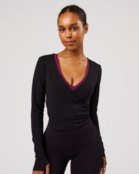 Woman wearing All Day Wrap FLXCotton Long Sleeve Top - Black | Model:Jordan | Size:XS | Thumbnail Index: 0