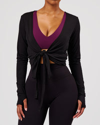 Woman wearing All Day Wrap FLXCotton Long Sleeve Top - Black | Model:Jordan | Size:XS | Thumbnail Index: 1