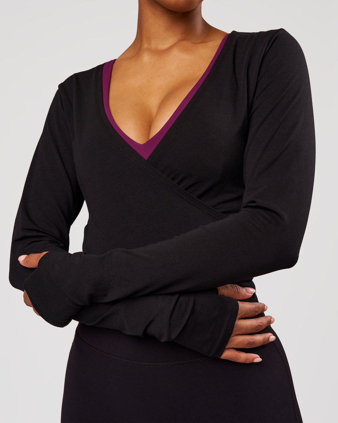 Woman wearing All Day Wrap FLXCotton Long Sleeve Top - Black | Model:Jordan | Size:XS - view 3