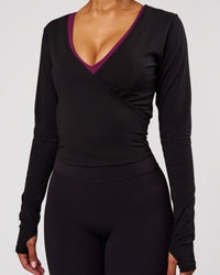 Woman wearing All Day Wrap FLXCotton Long Sleeve Top - Black | Model:Jordan | Size:XS | Thumbnail Index: 7