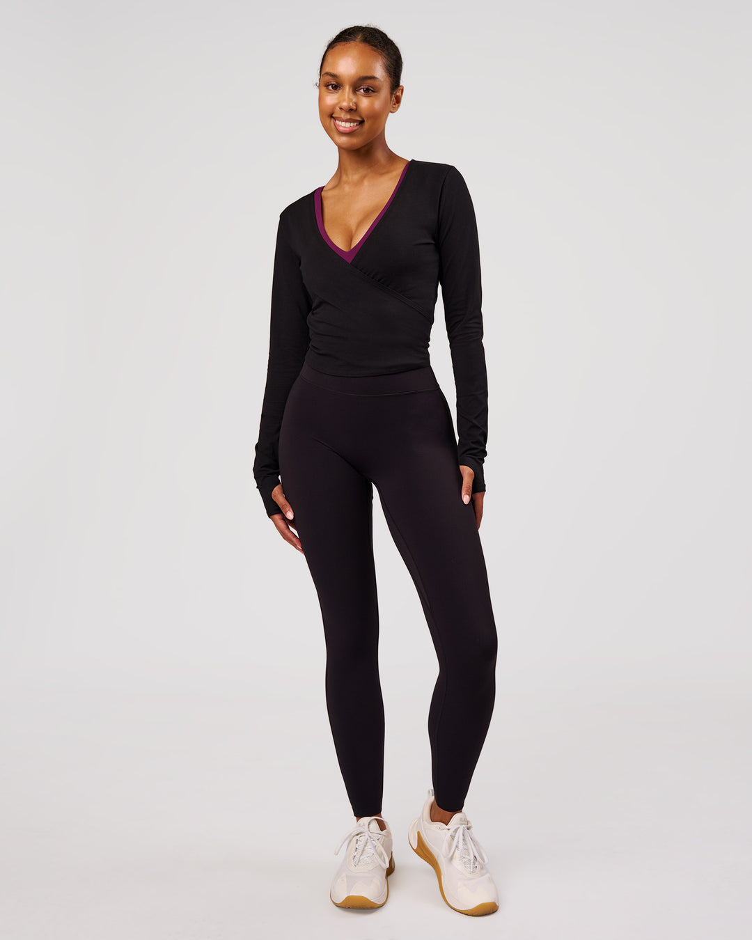 Woman wearing All Day Wrap FLXCotton Long Sleeve Top - Black | Model:Jordan | Size:XS - view 5