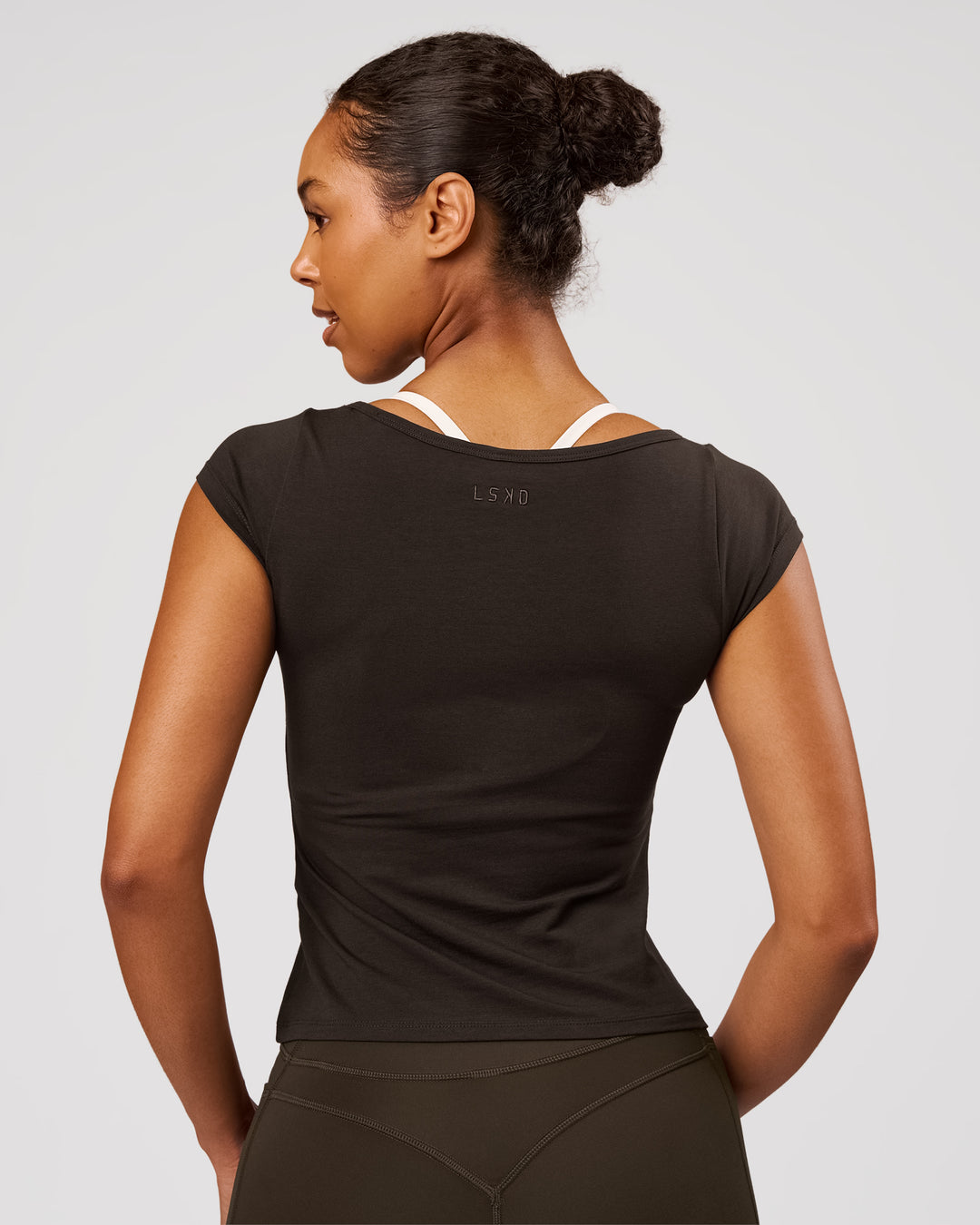 Woman wearing Boatneck FLXCotton Baby Tee - Ground Coffee | Model:Jordan | Size:XS - view 3