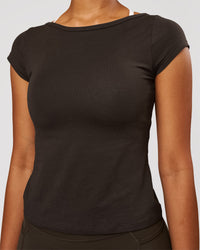 Woman wearing Boatneck FLXCotton Baby Tee - Ground Coffee | Model:Jordan | Size:XS | Thumbnail Index: 3