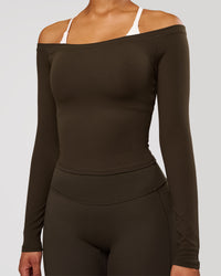 Woman wearing Bardot Long Sleeve Top - Ground Coffee | Model:Jordan | Size:XS | Thumbnail Index: 1