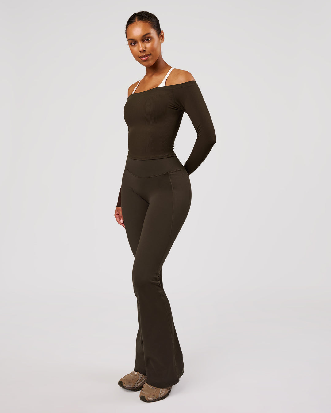 Woman wearing Bardot Long Sleeve Top - Ground Coffee | Model:Jordan | Size:XS - view 4