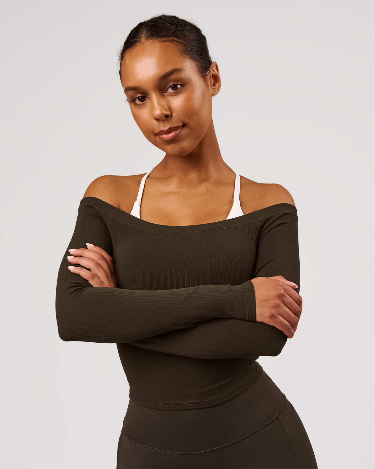Woman wearing Bardot Long Sleeve Top - Ground Coffee | Model:Jordan | Size:XS