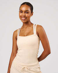 Woman wearing CloudWaffle Square Neck Tank - Vanilla Bean | Model:Jordan | Size:XS | Thumbnail Index: 0