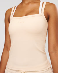 Woman wearing CloudWaffle Square Neck Tank - Vanilla Bean | Model:Jordan | Size:XS | Thumbnail Index: 2