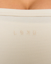 Woman wearing CloudWaffle Square Neck Tank - Vanilla Bean | Model:Jordan | Size:XS | Thumbnail Index: 4