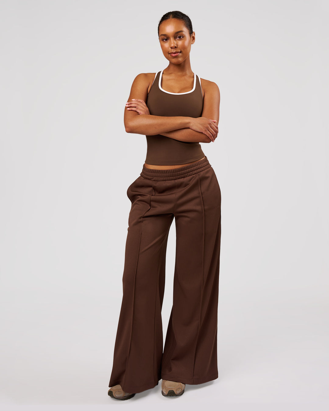 Woman wearing Flow Rep Scoop Neck Tank - Hot Chocolate-White | Model:Jordan | Size:XS - view 4