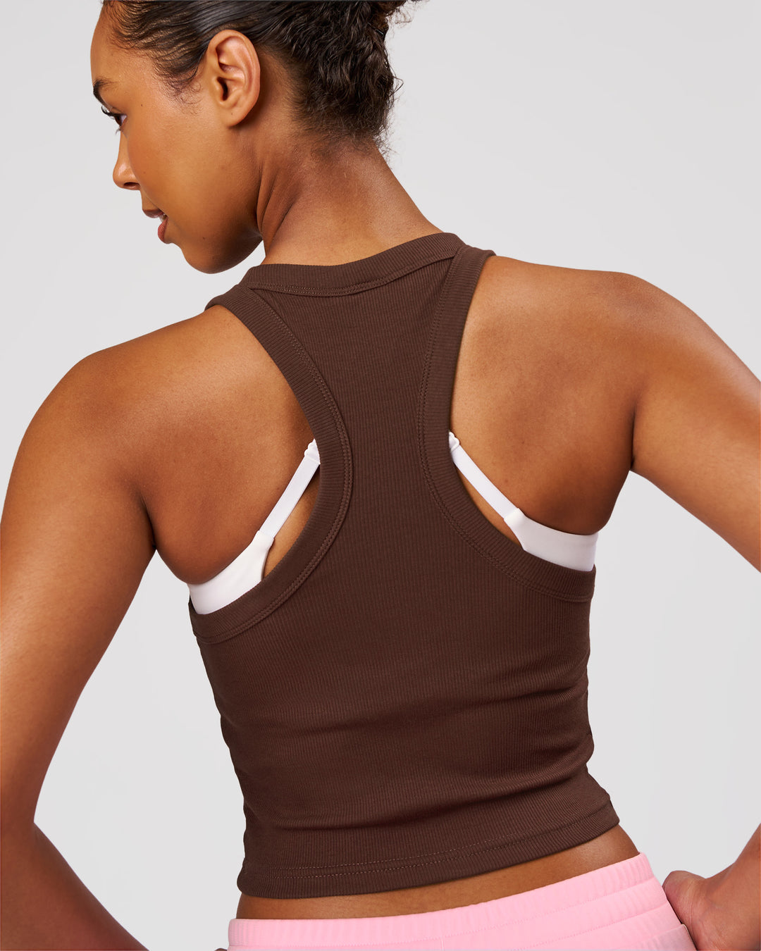 Woman wearing Go-To FLXCotton Rib Crop Tank - Hot Chocolate | Model:Jordan | Size:XS - view 2