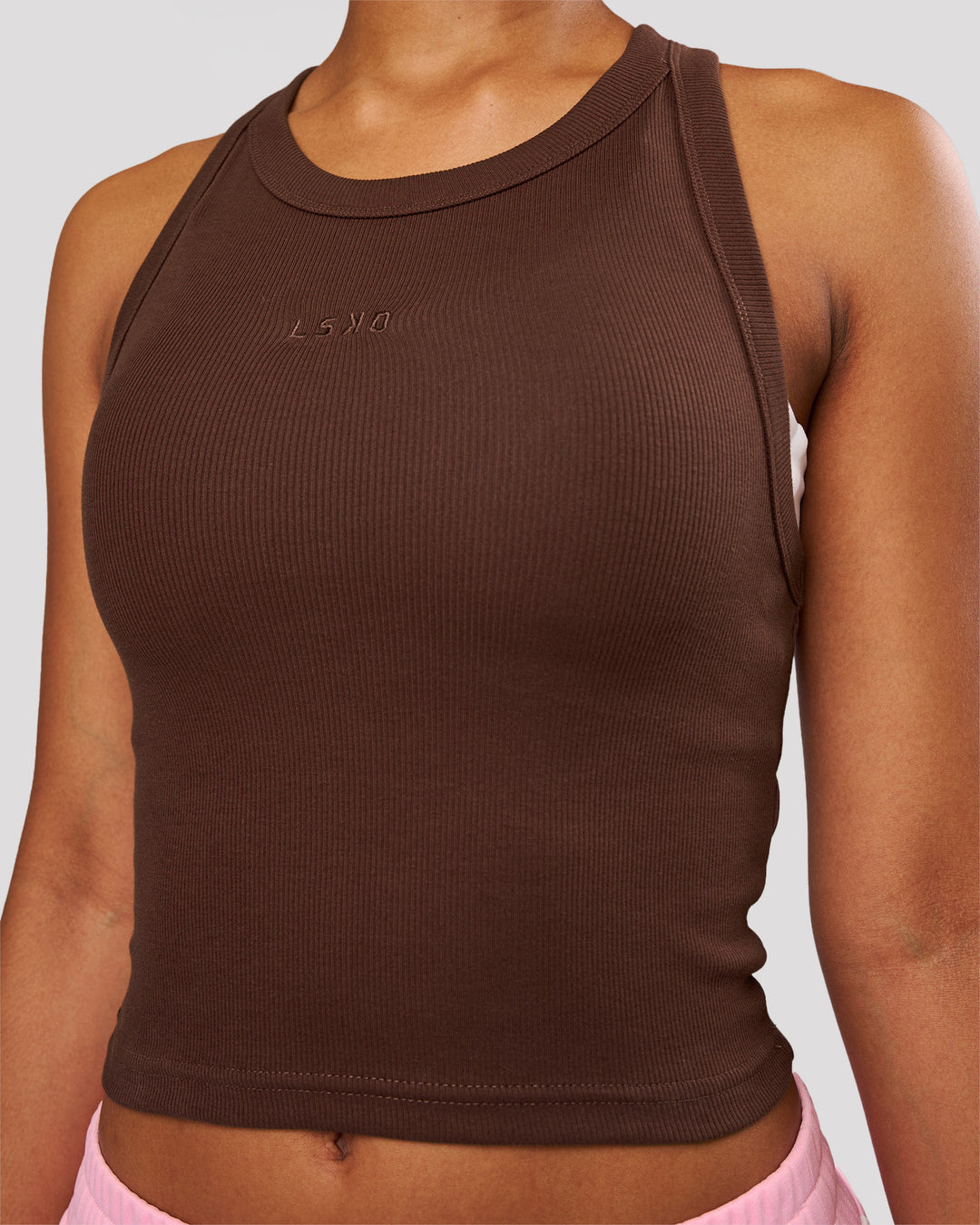 Woman wearing Go-To FLXCotton Rib Crop Tank - Hot Chocolate | Model:Jordan | Size:XS - view 3