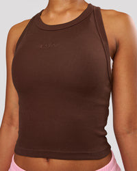 Woman wearing Go-To FLXCotton Rib Crop Tank - Hot Chocolate | Model:Jordan | Size:XS | Thumbnail Index: 2