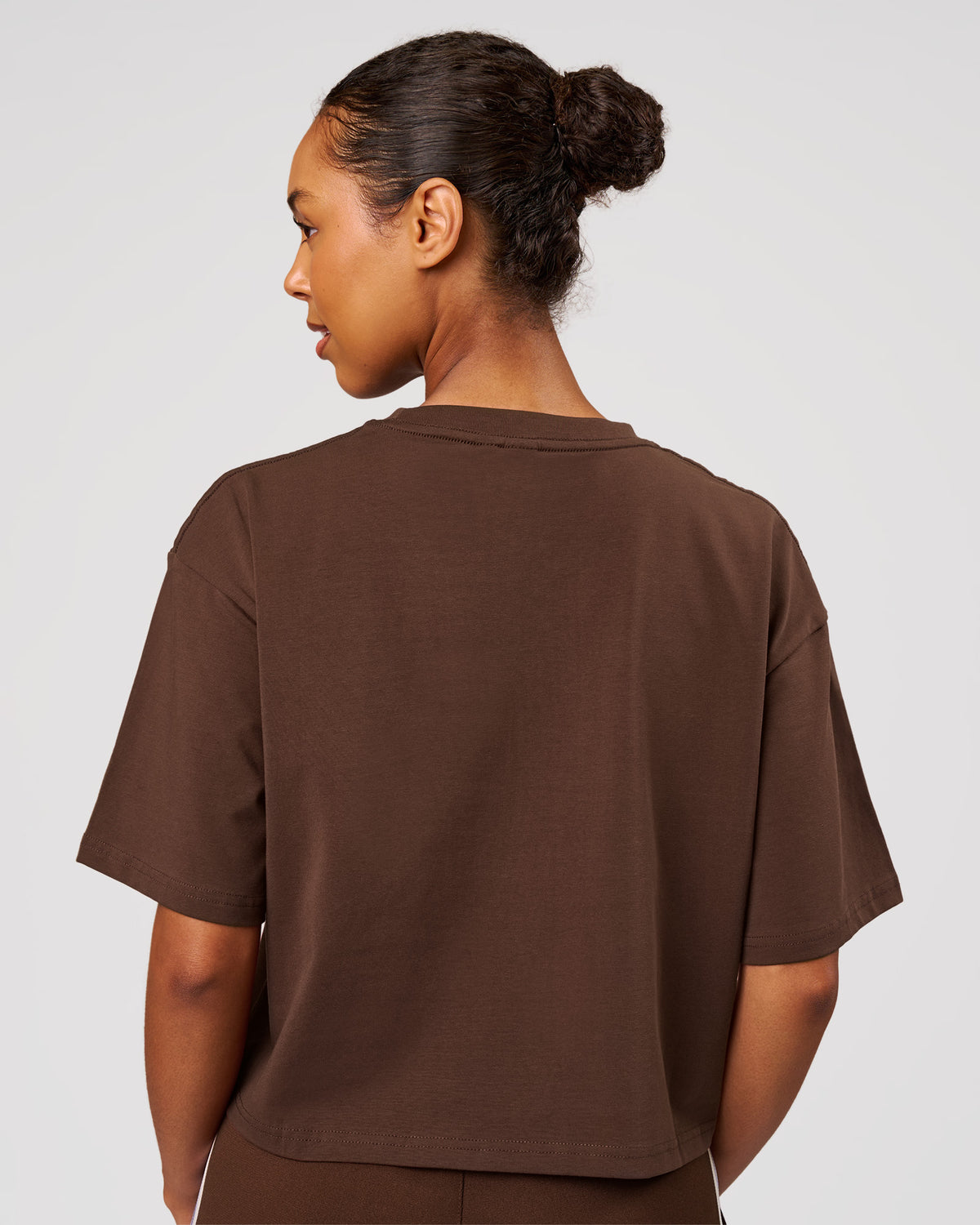 Woman wearing Go-To Heavyweight FlxCotton Skimmer Tee - Hot Chocolate-White | Model:Jordan | Size:XS