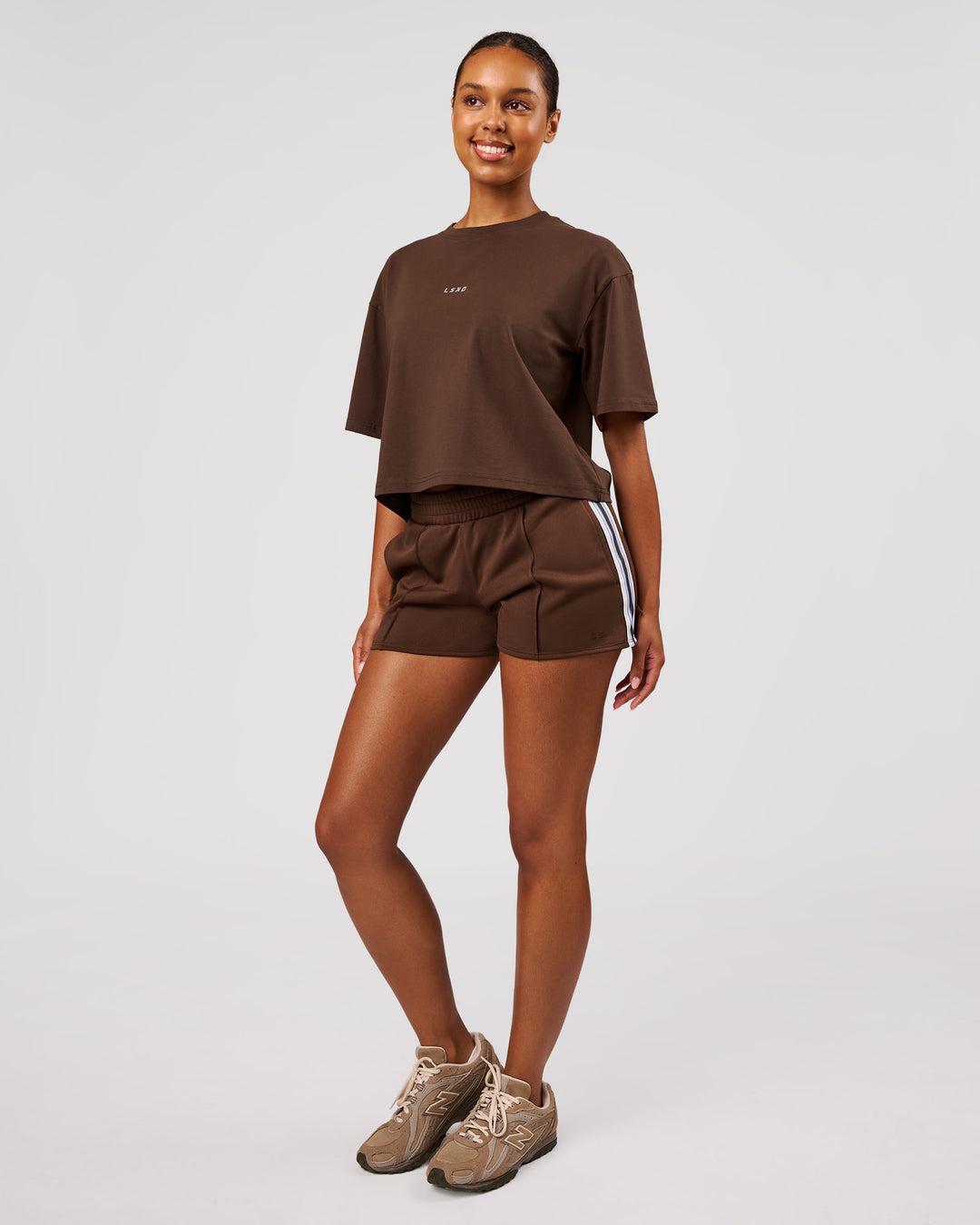Woman wearing Go-To Heavyweight FlxCotton Skimmer Tee - Hot Chocolate-White | Model:Jordan | Size:XS - view 5