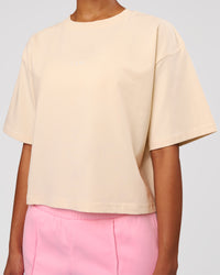 Woman wearing Go-To Heavyweight FlxCotton Skimmer Tee - Vanilla Bean-White | Model:Jordan | Size:XS | Thumbnail Index: 2