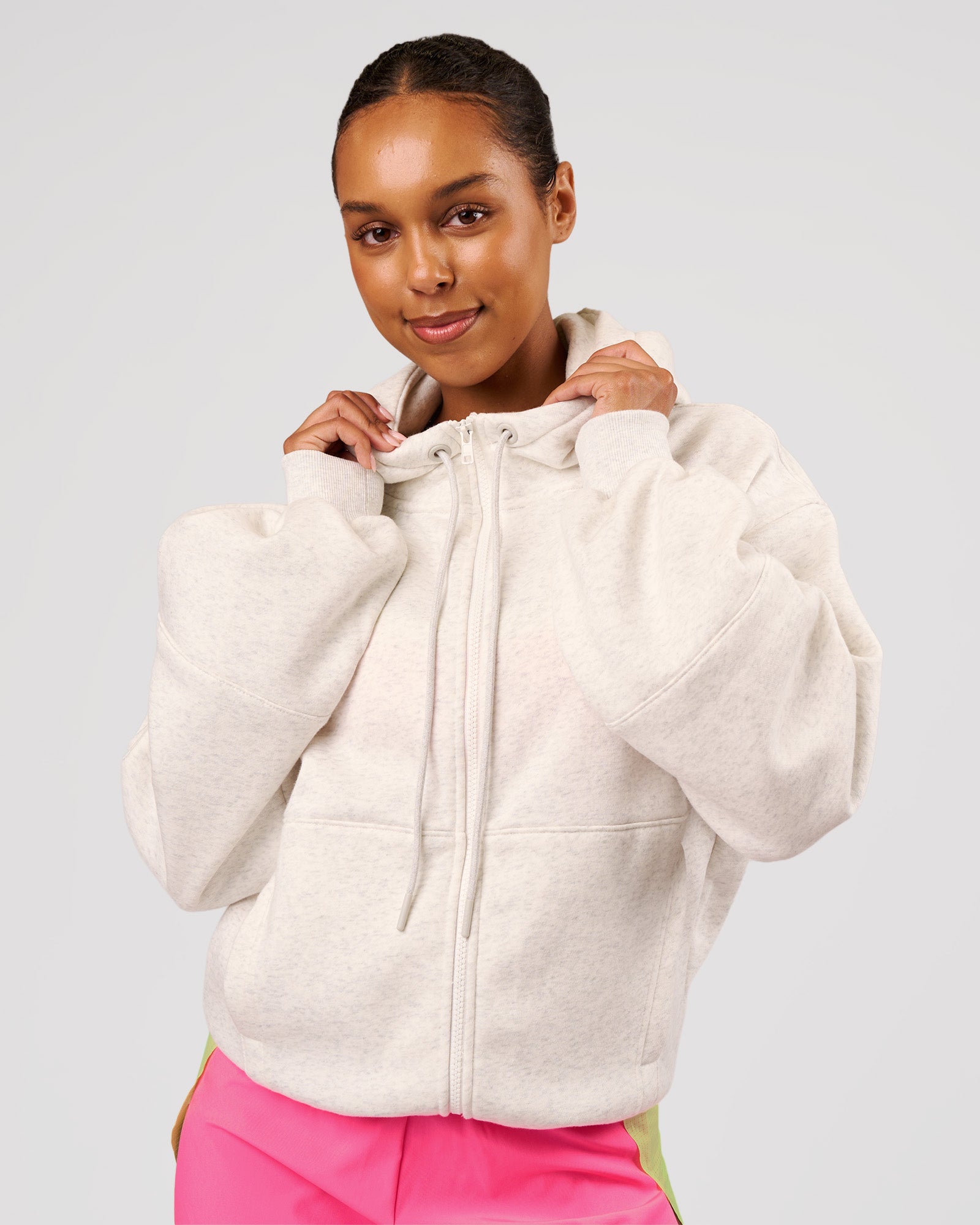 Woman wearing Love The Process Zip Through Hoodie - Silver Marl | Model:Jordan | Size:XS