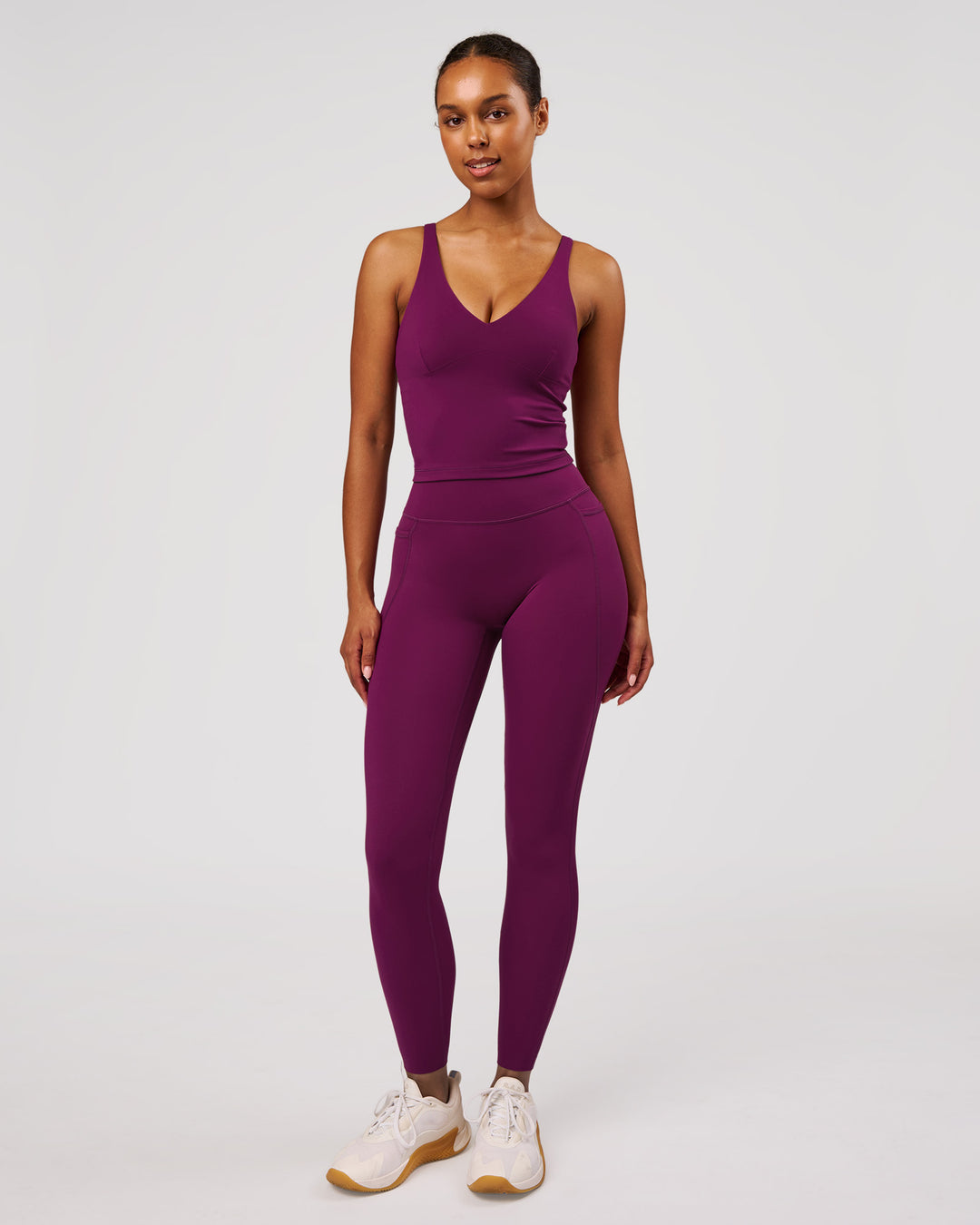 Woman wearing Vitality Active Tank - Plum Caspia | Model:Jordan | Size:XS - view 4