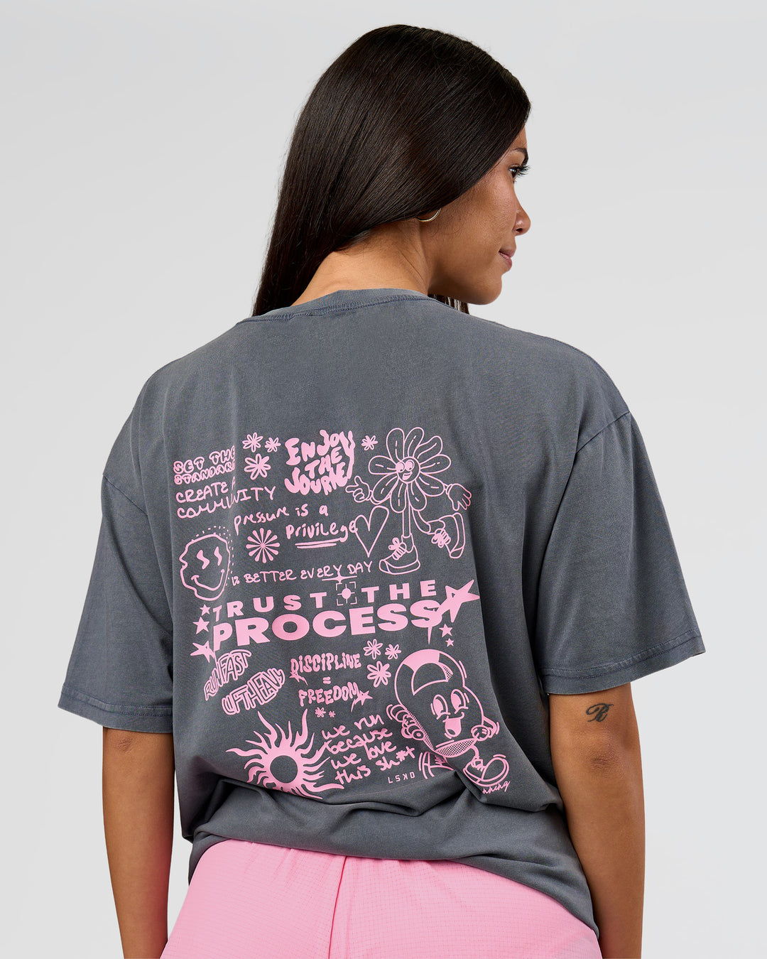 Woman wearing Built On Values FLXCotton Oversized Tee - Dark Storm Washed-Pink Rose | Model:Rhiley | Size:XS - view 2