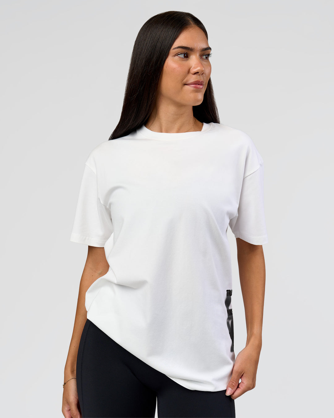 Woman wearing Clear Vision Heavyweight FLXCotton Oversized Tee - White-Black | Model:Rhiley | Size:XS - view 4