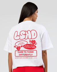 Woman wearing Dare To Think FLXCotton Tee Oversize - White-Scarlet | Model:Rhiley | Size:XS | Thumbnail Index: 3