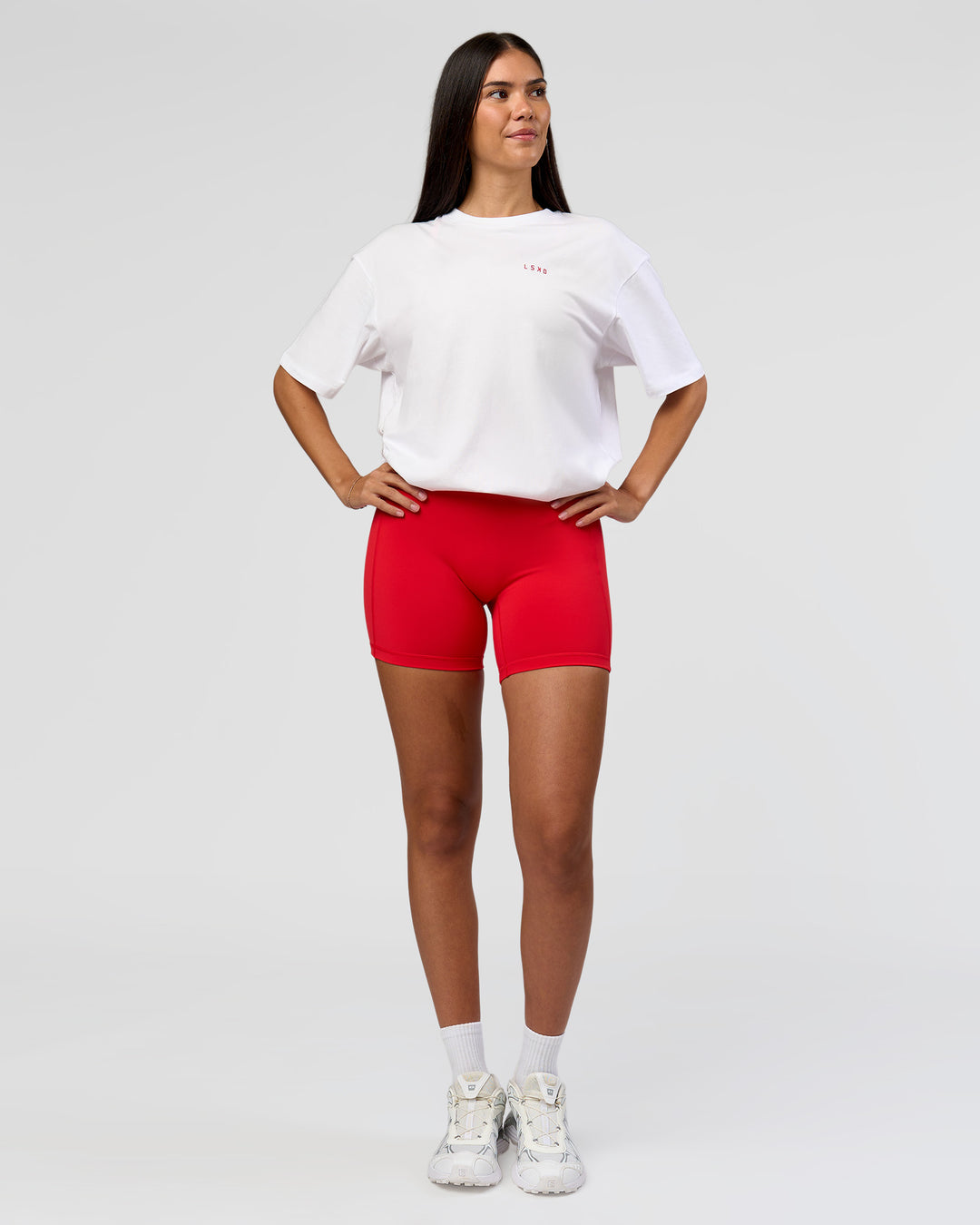 Woman wearing Dare To Think FLXCotton Tee Oversize - White-Scarlet | Model:Rhiley | Size:XS - view 9
