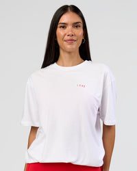 Woman wearing Dare To Think FLXCotton Tee Oversize - White-Scarlet | Model:Rhiley | Size:XS | Thumbnail Index: 10