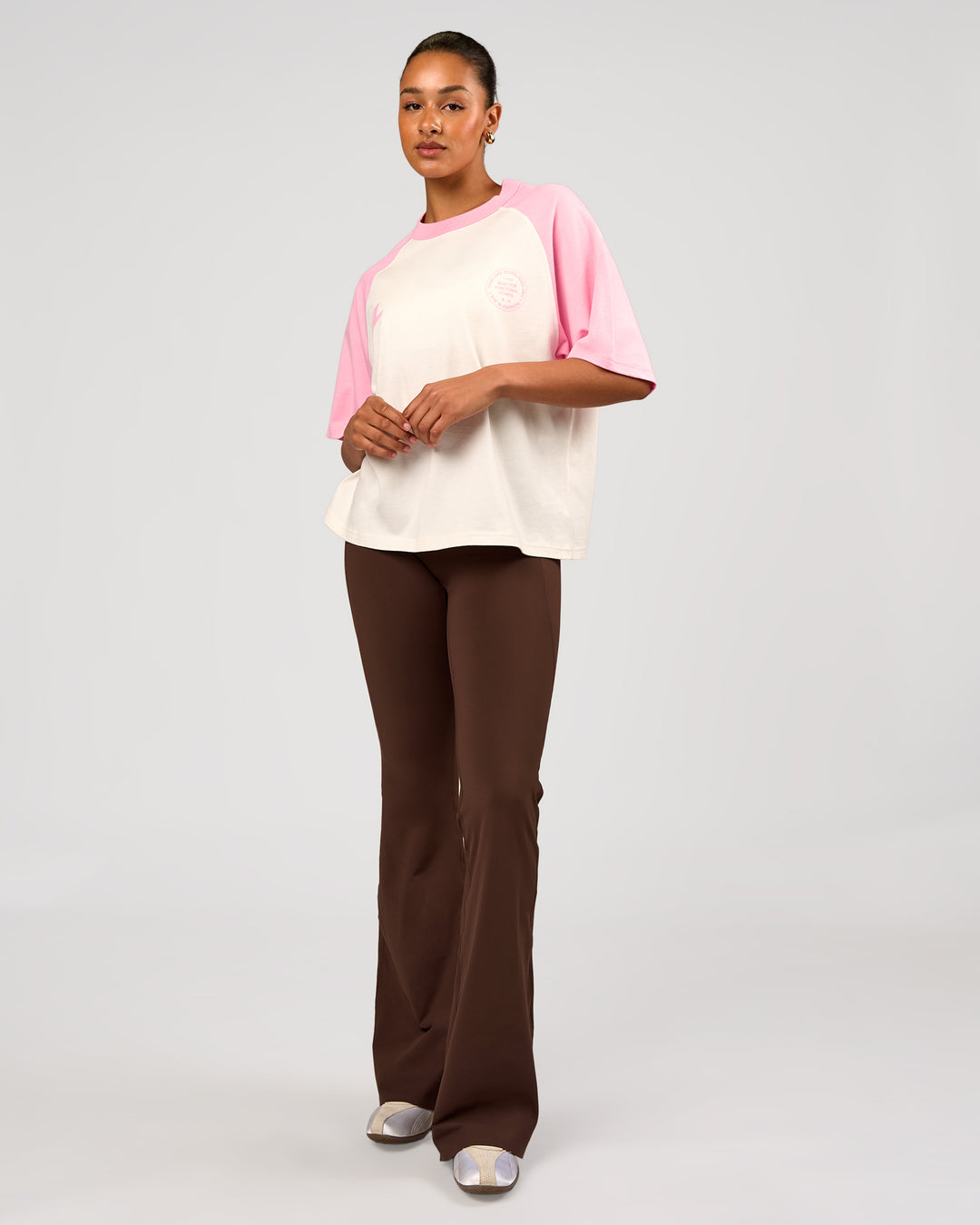 Woman wearing Victory Heavyweight Boxed Raglan Tee - Off White-Pink Rose | Model:Rosie | Size:XS - view 12