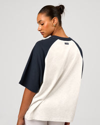 Woman wearing Victory Heavyweight Boxed Raglan Tee - Silver Marl-Midnight Navy | Model:Rosie | Size:XS | Thumbnail Index: 4