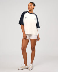 Woman wearing Victory Heavyweight Boxed Raglan Tee - Silver Marl-Midnight Navy | Model:Rosie | Size:XS | Thumbnail Index: 8