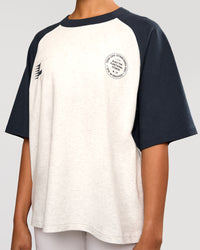 Woman wearing Victory Heavyweight Boxed Raglan Tee - Silver Marl-Midnight Navy | Model:Rosie | Size:XS | Thumbnail Index: 10
