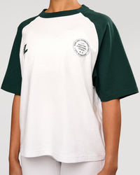 Woman wearing Victory Heavyweight Boxed Raglan Tee - White-Midnight Green | Model:Rosie | Size:XS | Thumbnail Index: 8