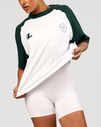 Woman wearing Victory Heavyweight Boxed Raglan Tee - White-Midnight Green | Model:Rosie | Size:XS | Thumbnail Index: 12