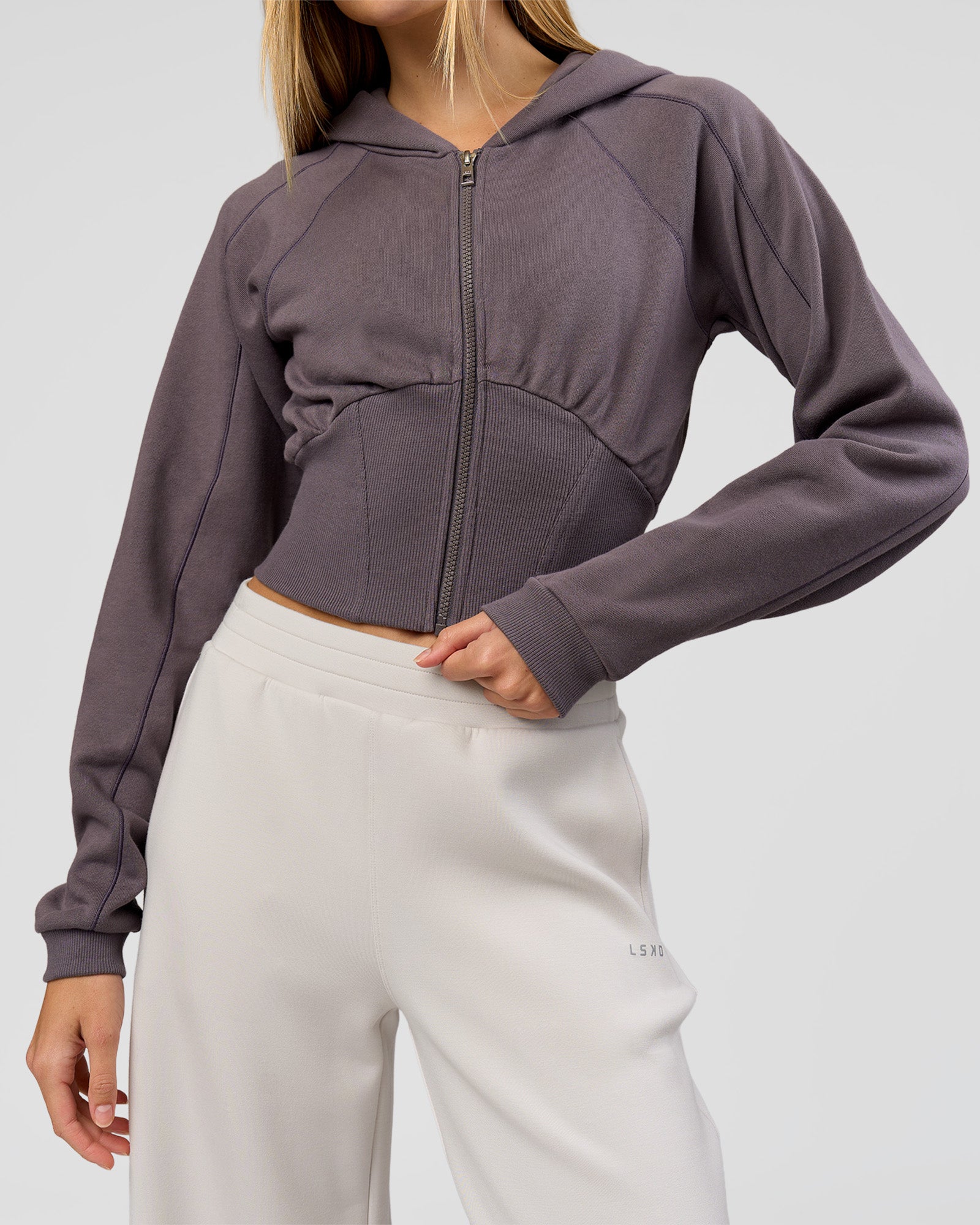 Woman wearing Bend Contour Silhouette Zip Through Hoodie - Duskstone | Model:Taneisha | Size:XS
