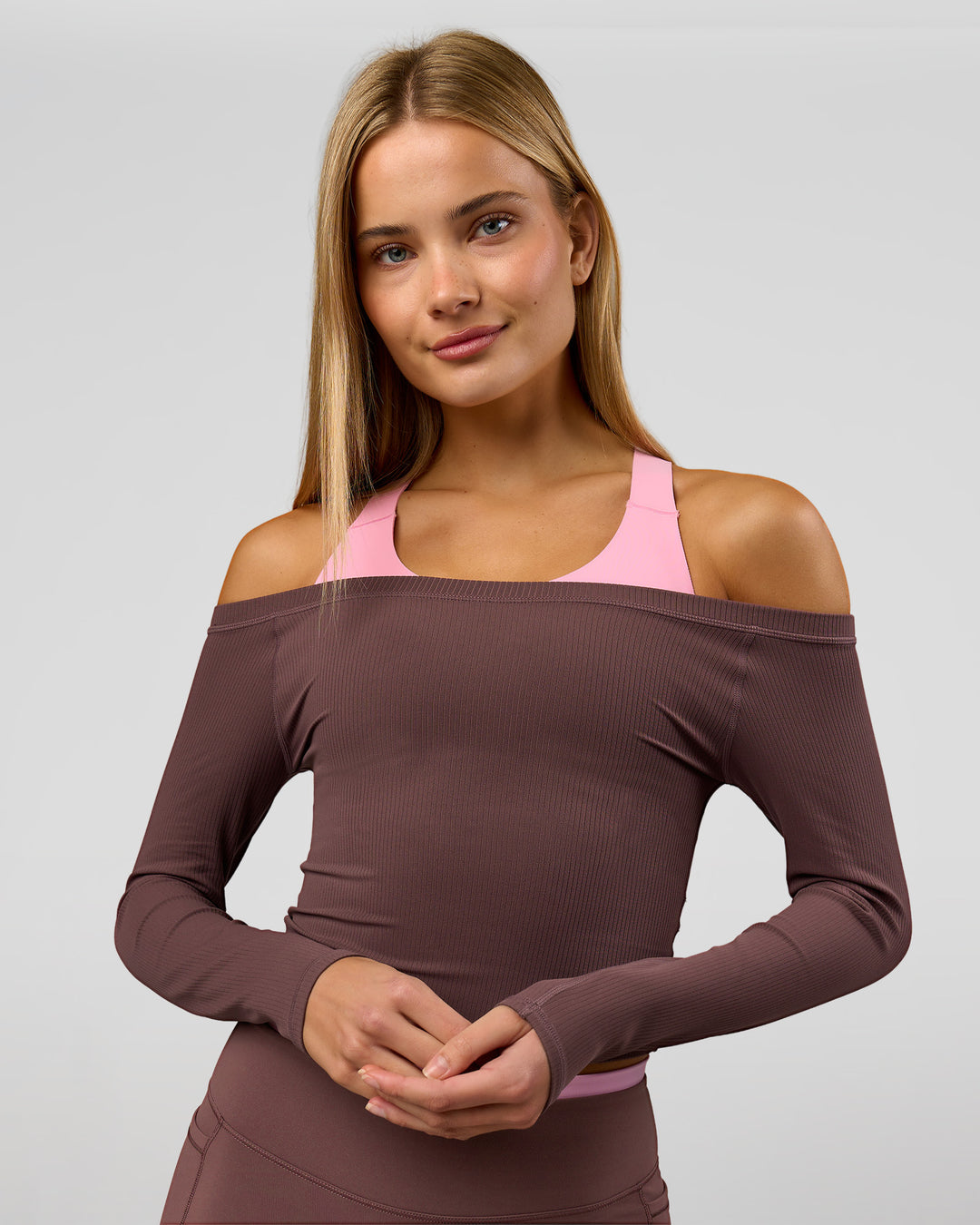 Woman wearing Bree Bardot Long Sleeve Top - Cocoa Powder | Model:Taneisha | Size:XS - view 11